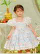 Summer Light Blue Princess Chiffon Lace Puff Sleeves Bowknot Bunny Print Sweet Lolita Kids Sleeveless Dress