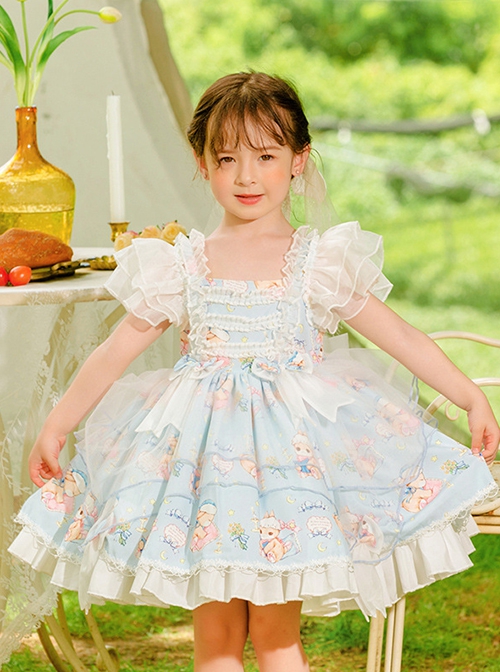 Summer Light Blue Princess Chiffon Lace Puff Sleeves Bowknot Bunny Print Sweet Lolita Kids Sleeveless Dress