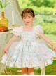 Summer Light Blue Princess Chiffon Lace Puff Sleeves Bowknot Bunny Print Sweet Lolita Kids Sleeveless Dress