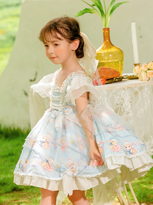 Summer Light Blue Princess Chiffon Lace Puff Sleeves Bowknot Bunny Print Sweet Lolita Kids Sleeveless Dress