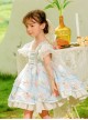 Summer Light Blue Princess Chiffon Lace Puff Sleeves Bowknot Bunny Print Sweet Lolita Kids Sleeveless Dress