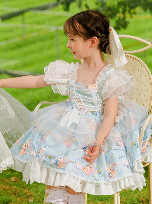Summer Light Blue Princess Chiffon Lace Puff Sleeves Bowknot Bunny Print Sweet Lolita Kids Sleeveless Dress