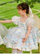 Summer Light Blue Princess Chiffon Lace Puff Sleeves Bowknot Bunny Print Sweet Lolita Kids Sleeveless Dress