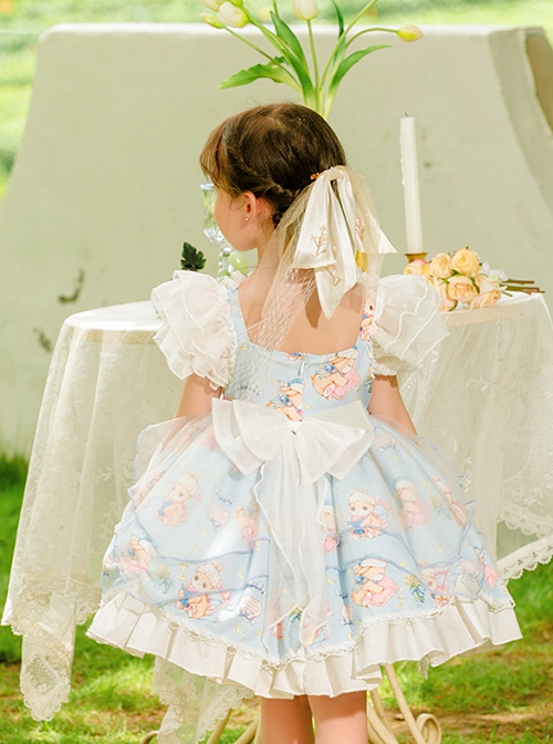 Summer Light Blue Princess Chiffon Lace Puff Sleeves Bowknot Bunny Print Sweet Lolita Kids Sleeveless Dress