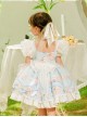 Summer Light Blue Princess Chiffon Lace Puff Sleeves Bowknot Bunny Print Sweet Lolita Kids Sleeveless Dress