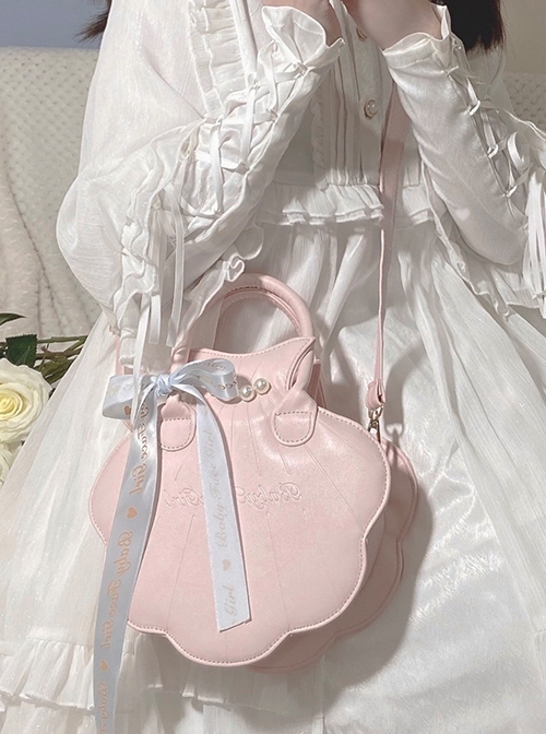 Small Shell Series Low Saturation Sea Fairy Tale Cute Delicate Pearl Polarized Ribbon Crossbody Sweet Lolita PU Handbag