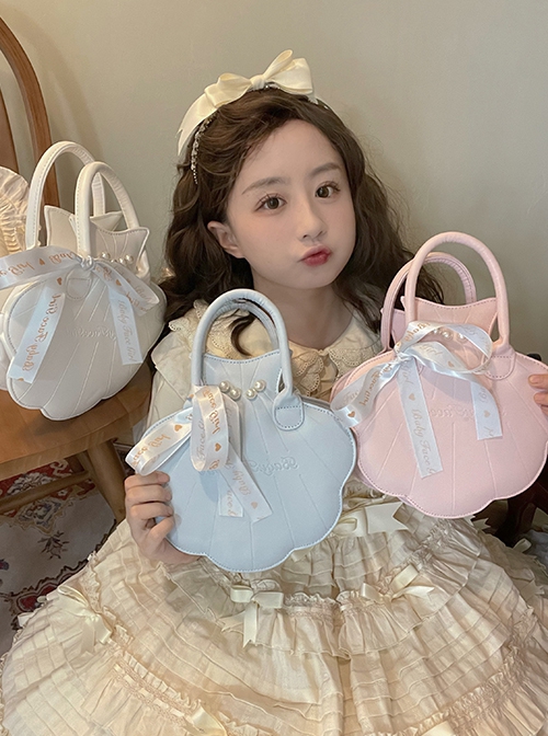 Small Shell Series Low Saturation Sea Fairy Tale Cute Delicate Pearl  Polarized Ribbon Sweet Lolita PU Handbag