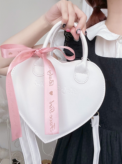 Little Loving Heart series Cute Delicate heart shape Polarized pink Ribbon Crossbody Sweet Lolita PU Handbag