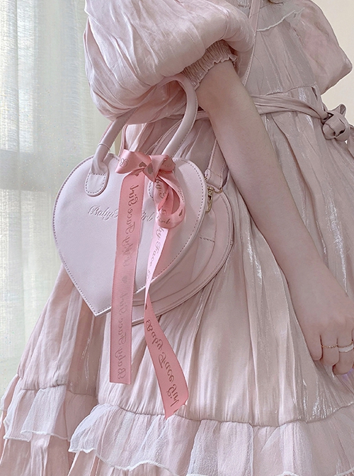 Little Loving Heart series Cute Delicate heart shape Polarized pink Ribbon Crossbody Sweet Lolita PU Handbag