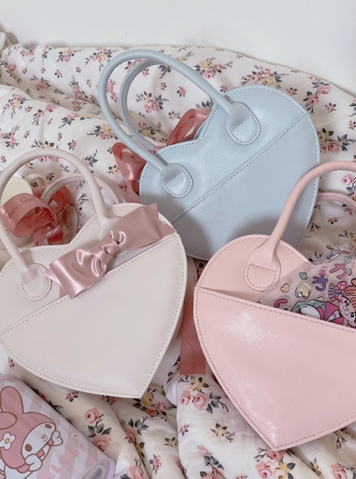 Little Loving Heart series Cute Delicate heart shape Polarized pink Ribbon Crossbody Sweet Lolita PU Handbag