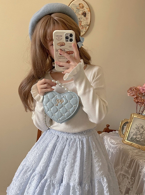 Little Wish Series Mini Delicate Polarized Pearl  Small Diamond Bowknot Argyle Pattern Crossbody Sweet Lolita PU Handbag