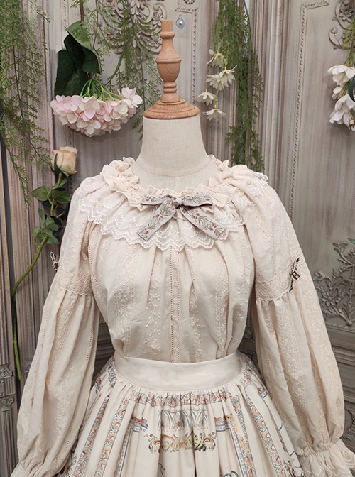 Abundance Hymn Series Autumn Apricot Bavarian Style Loose Lantern Sleeves Cotton Embroidery Ruffle Collar Bowknots Classic Lolita Long Sleeves Shirt