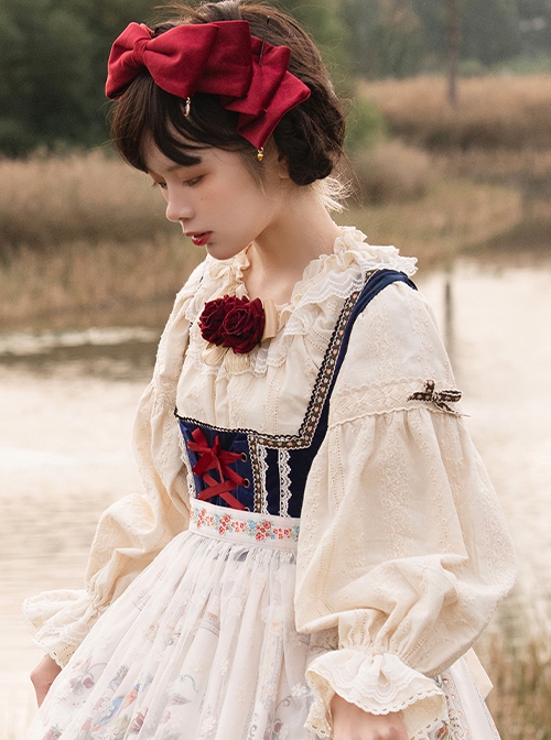 Abundance Hymn Series Autumn Apricot Bavarian Style Loose Lantern Sleeves Cotton Embroidery Ruffle Collar Bowknots Classic Lolita Long Sleeves Shirt