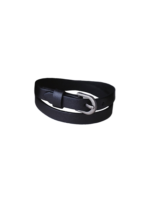 Gothic Punk Dark Style Black Double Layers Simple Daily Exquisite Imitate Leather Wrist Strap