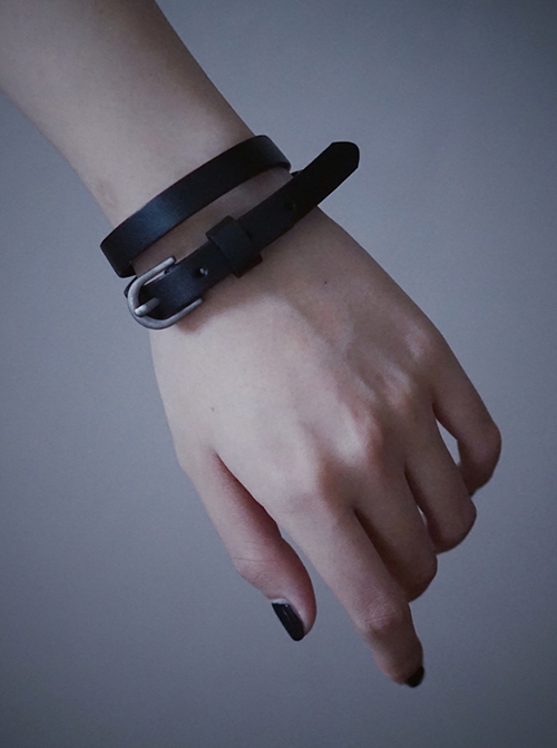 Gothic Punk Dark Style Black Double Layers Simple Daily Exquisite Imitate Leather Wrist Strap