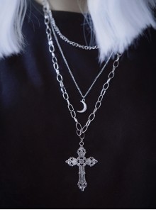 Dark Gothic Punk Style Silver Metal Three Layer Cross Moon Element Sweater Chain Necklace