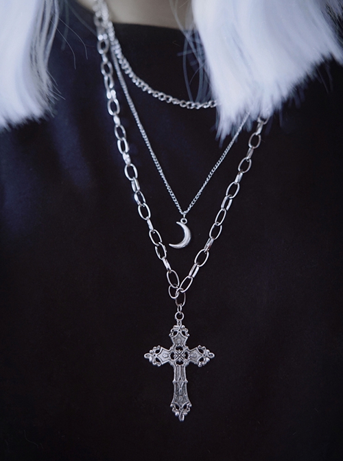 Dark Gothic Punk Style Silver Metal Three Layer Cross Moon Element Sweater Chain Necklace