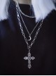 Dark Gothic Punk Style Silver Metal Three Layer Cross Moon Element Sweater Chain Necklace