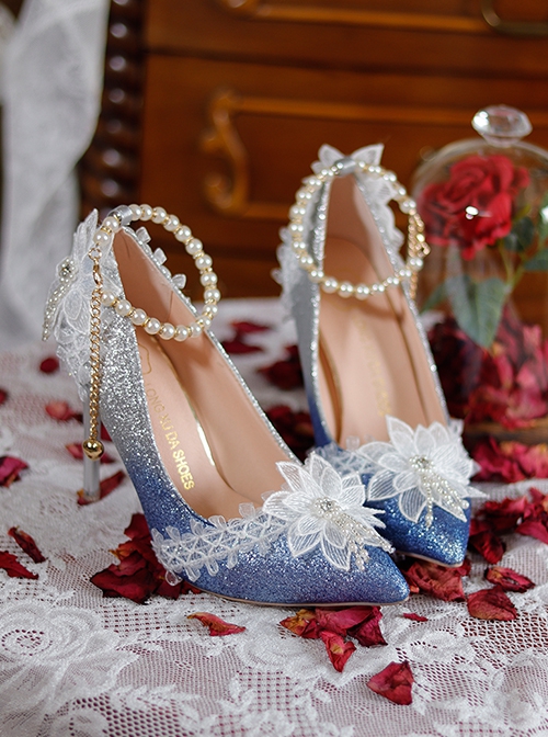 Gradual Change Flashing Gorgeous Adult Ceremony Pearl Lace Wedding Pointed Toe Thin High Heel Classic Lolita Shoes