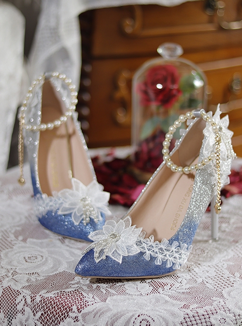Gradual Change Flashing Gorgeous Adult Ceremony Pearl Lace Wedding Pointed Toe Thin High Heel Classic Lolita Shoes
