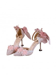 Flesh Pink Sweet Gorgeous Lace Tulle Bowknot Pearl Flowers Pointed Toe Thin High Heel Sweet Lolita Shoes