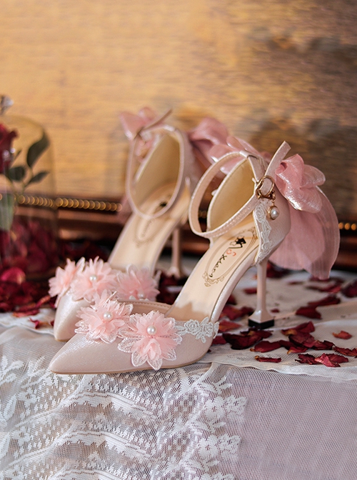 Flesh Pink Sweet Gorgeous Lace Tulle Bowknot Pearl Flowers Pointed Toe Thin High Heel Sweet Lolita Shoes