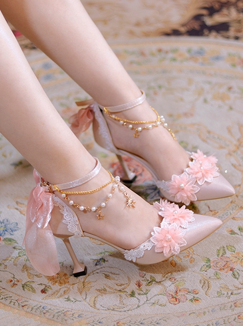 Flesh Pink Sweet Gorgeous Lace Tulle Bowknot Pearl Flowers Pointed Toe Thin High Heel Sweet Lolita Shoes