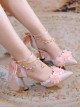 Flesh Pink Sweet Gorgeous Lace Tulle Bowknot Pearl Flowers Pointed Toe Thin High Heel Sweet Lolita Shoes