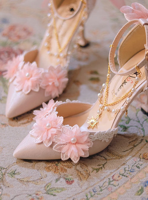 Flesh Pink Sweet Gorgeous Lace Tulle Bowknot Pearl Flowers Pointed Toe Thin High Heel Sweet Lolita Shoes