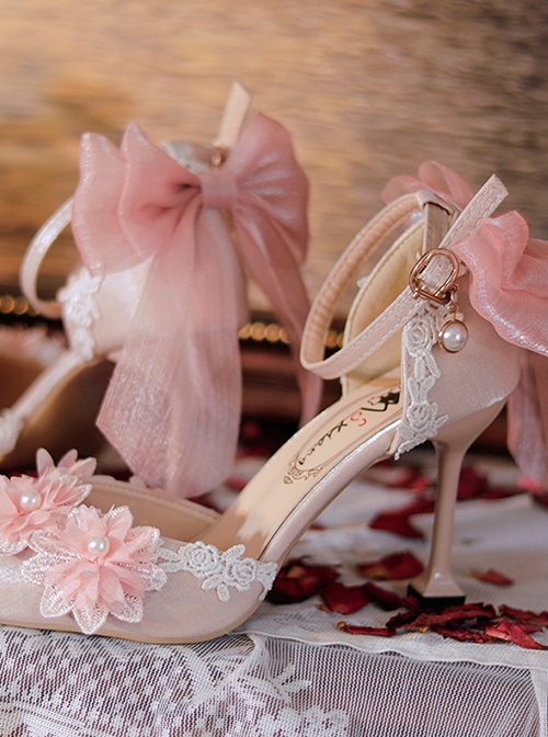 Flesh Pink Sweet Gorgeous Lace Tulle Bowknot Pearl Flowers Pointed Toe Thin High Heel Sweet Lolita Shoes