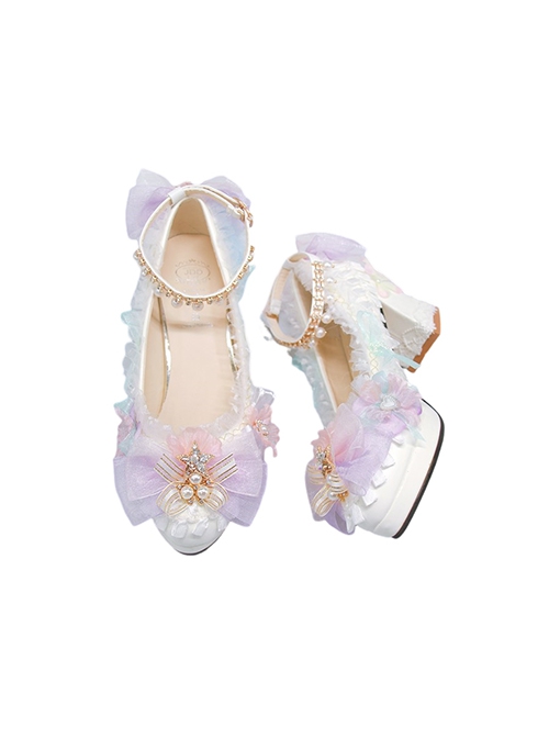 White Gorgeous Tea Party Versatile Rainbow Flower Lace Bowknots Pearl Thick Heel Wedding Sweet Lolita Shoes