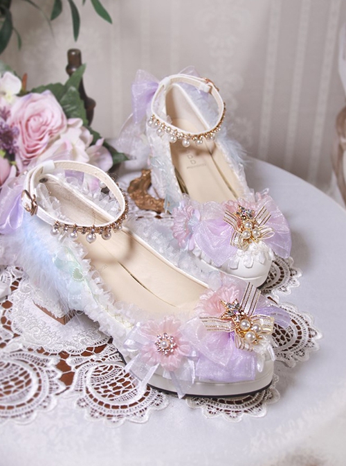 White Gorgeous Tea Party Versatile Rainbow Flower Lace Bowknots Pearl Thick Heel Wedding Sweet Lolita Shoes