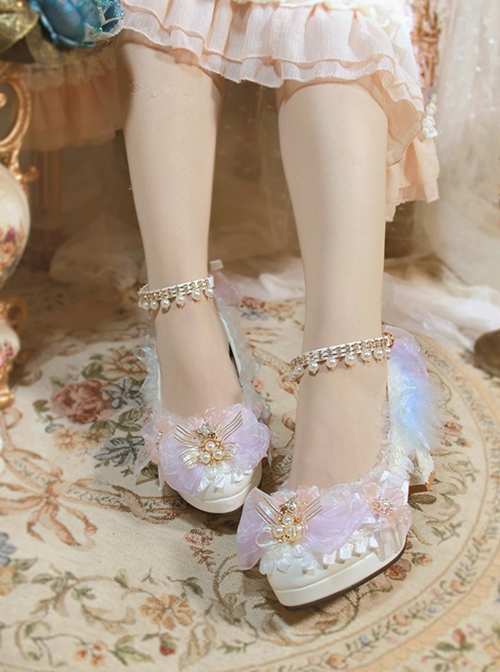 White Gorgeous Tea Party Versatile Rainbow Flower Lace Bowknots Pearl Thick Heel Wedding Sweet Lolita Shoes