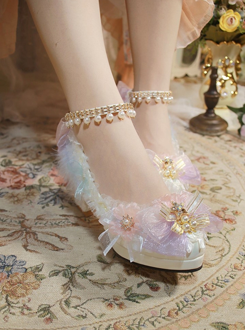 White Gorgeous Tea Party Versatile Rainbow Flower Lace Bowknots Pearl Thick Heel Wedding Sweet Lolita Shoes