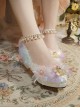 White Gorgeous Tea Party Versatile Rainbow Flower Lace Bowknots Pearl Thick Heel Wedding Sweet Lolita Shoes