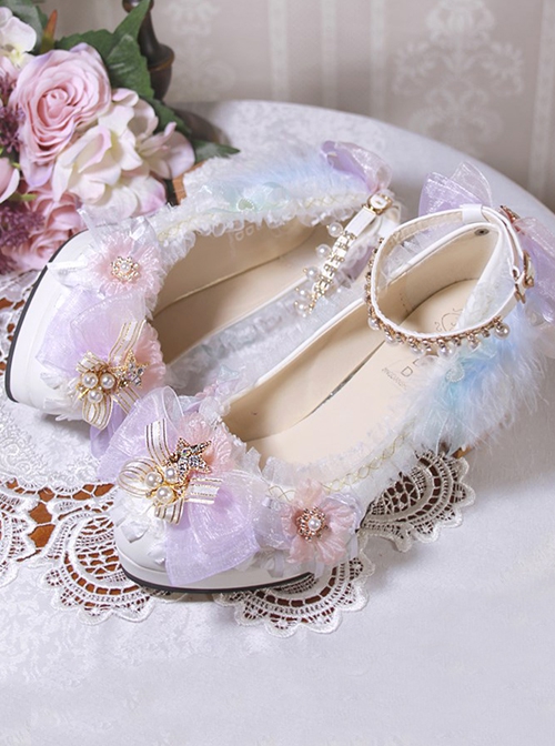 White Gorgeous Tea Party Versatile Rainbow Flower Lace Bowknots Pearl Thick Heel Wedding Sweet Lolita Shoes