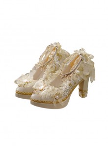 Gorgeous Exquisite Golden Line White Gauze Lace Bowknot Pearl Bar Mitzvah Flower Wedding Thick High Heel Classic Lolita Shoes