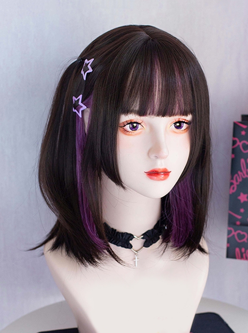 Black Brown Cute Sweet Cool Landmine Purple Hanging Ear Dyed Flat Cut Sideburns Neat Bangs Sweet Lolita Short Straight Wig