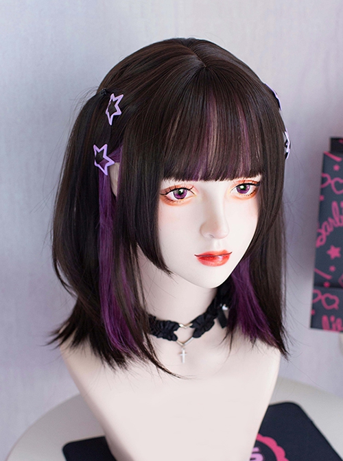 Black Brown Cute Sweet Cool Landmine Purple Hanging Ear Dyed Flat Cut Sideburns Neat Bangs Sweet Lolita Short Straight Wig