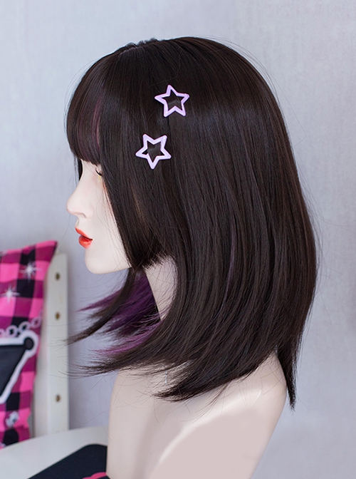 Black Brown Cute Sweet Cool Landmine Purple Hanging Ear Dyed Flat Cut Sideburns Neat Bangs Sweet Lolita Short Straight Wig