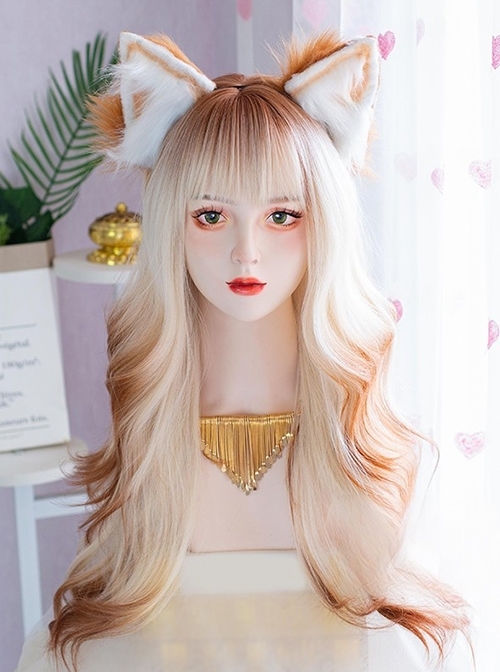 Beige Golden Brown Gradient Occident Subculture Daily Fluffy Neat Bangs Sweet Lolita Long Curly Wig