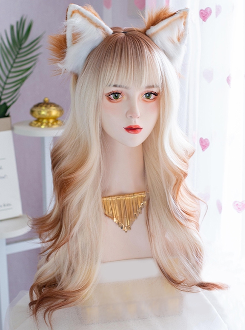 Beige Golden Brown Gradient Occident Subculture Daily Fluffy Neat Bangs Sweet Lolita Long Curly Wig