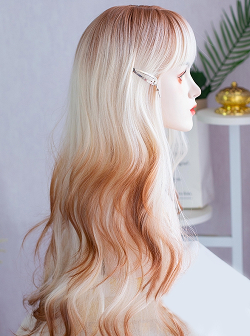 Beige Golden Brown Gradient Occident Subculture Daily Fluffy Neat Bangs Sweet Lolita Long Curly Wig