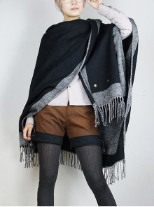 Autumn Winter Steampunk Style Grey Double Sides Thickened Imitation Wool Bronze Metal Buttons Warm Tassel Coat Shawl