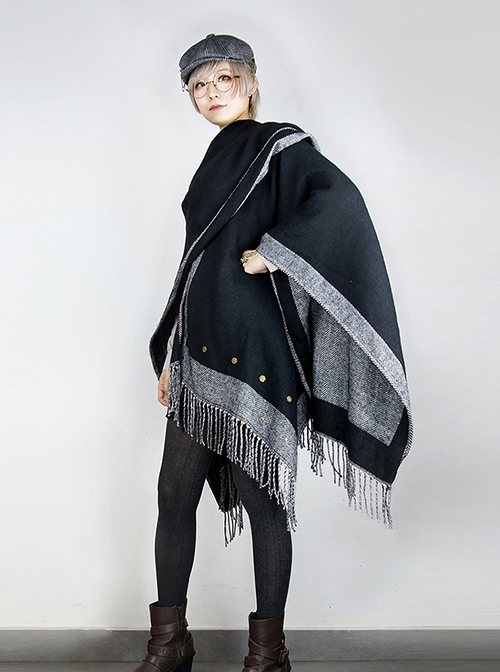 Autumn Winter Steampunk Style Grey Double Sides Thickened Imitation Wool Bronze Metal Buttons Warm Tassel Coat Shawl