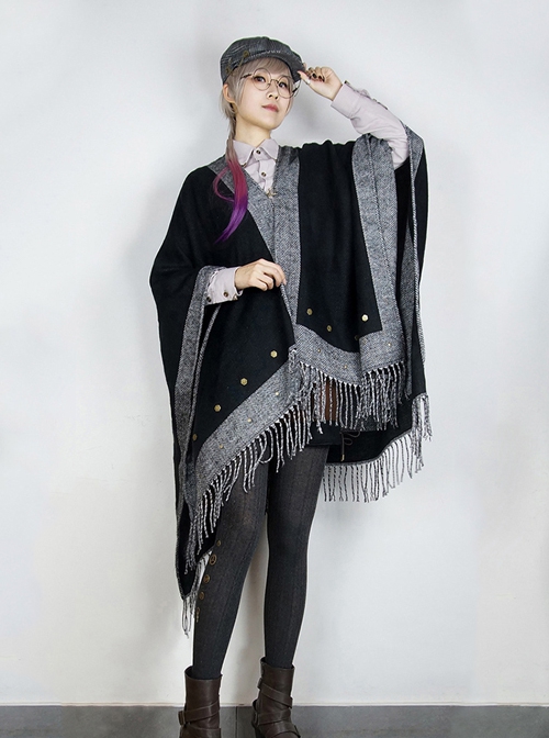 Autumn Winter Steampunk Style Grey Double Sides Thickened Imitation Wool Bronze Metal Buttons Warm Tassel Coat Shawl