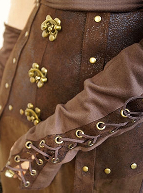 Steampunk Style Brown Western Fantasy Vintage Binding Band Bowknot Bronze Metal Buckle Half Finger Sleeves Gloves