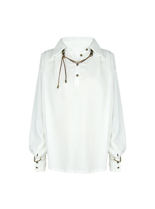 Retro Pirate Style Steampunk Bronze Chain Button White Chiffon Dropped Shoulders Loose Pointed Collar Long Sleeves Shirt