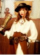 Retro Pirate Style Steampunk Bronze Chain Button White Chiffon Dropped Shoulders Loose Pointed Collar Long Sleeves Shirt