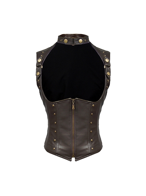 Brown Steampunk Leather Chest Cutout Copper Alloy Rivets Button Girdle Slim Fit Supporting Fishbone Waistcoat Vest